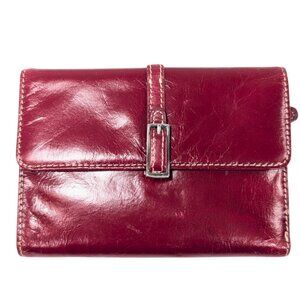 Red Burgundy Italian Leather Folding Snap Buckle Wallet Cards Coin Preppy